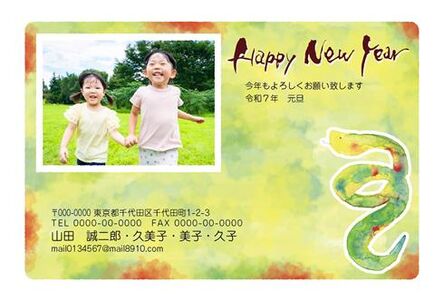 年賀状　へび年　地紋バック　HAPPY