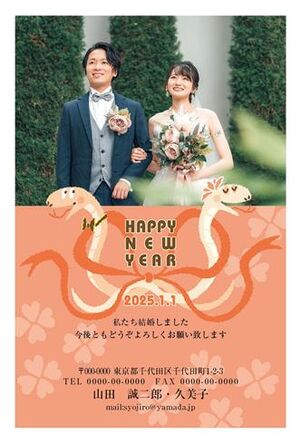 年賀状　へび年　写真入り　ウェデイングバック　HAPPY