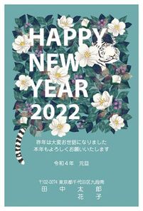 HAPPY NEW YEAR　白椿にトラがかくれんぼ　A0899