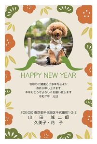 年賀状　へび年　写真入り　花バック　HAPPY